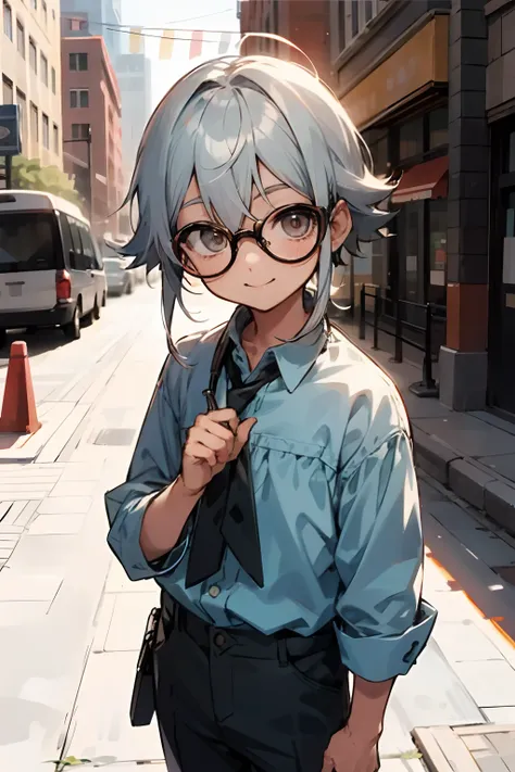 (morning), male child, eye glasses，soio, look at the viewer,, cowboy shots, (down town),  a smile, silber hair