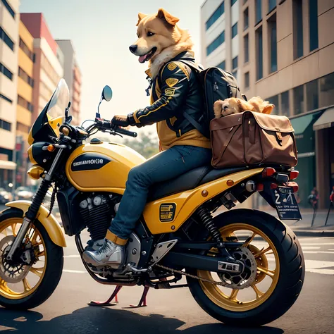 Golden Retriever, pilotando uma moto com mochila nas costas,  trabalhando de entregador, roupa amarela dos correios, bonito, feliz, deliverydog, motorcicle, (cinemactic: 1.2), cidade noturna de fundo, imagem super realista, High quality graphic