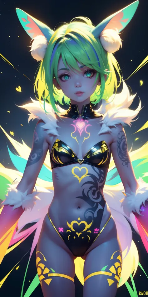 Rabbit technique , sci-fy, Fluffy , 
1girll, Tattoos, Glowing tattoos, Glowing eyes, Colorful glowing hair , （full bodyesbian）, Green hair,Open navel
  Kavitek, Pastel colors, kawaii, cutecolors,