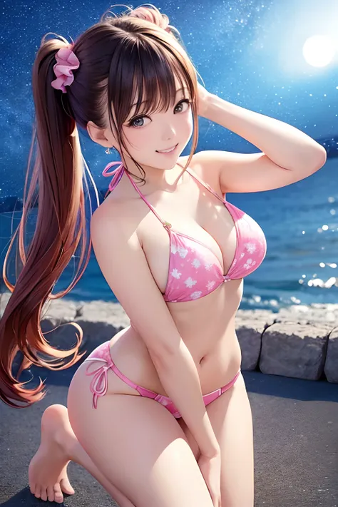 FULL BODYSHOT、an oil painting、masterpiece、top-quality、hight resolution、side poneyTail、Bunching your hair with scrunchies、Cheerful woman、A smile、Coast at night、night sky full of stars、pink bikinis、Bikini with heart print