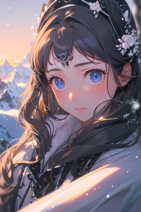 ((​master piece)),Best quality, illustration, Dark, 1girll, In the wilderness,High hills,Snow-capped mountains in the distance, Castle, Beautiful detailed eyes,  Beautiful detailed hair,