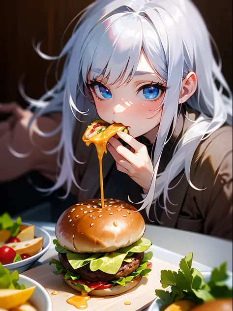 (Best Quality,hight resolution,Ultra-detailed),Eating a hamburger, Silver hair, Blue eyes, Hamburger, cup, lettuce, fruits, tomatoes, onion, bowl, Bokeh background, food, closeup at the food, still-life, Blurred, depth of fields, Verdure, cheese