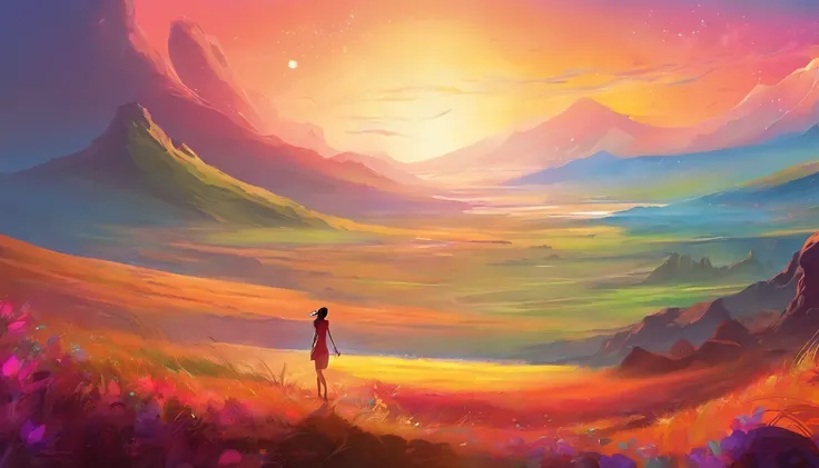 Colorful steppe、Silhouette of energetic woman、fantastic landscape