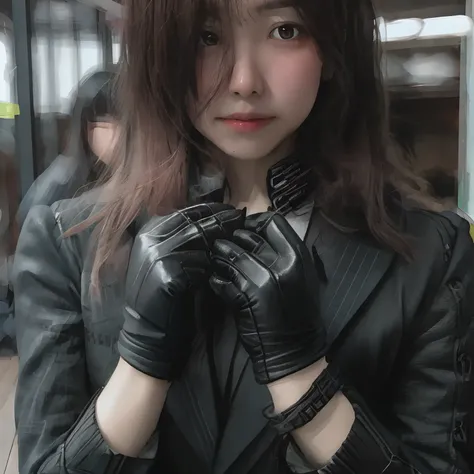 Young Japan woman lifting black suit onto shirt, Black leather gloves worn on both hands, Hands of woman in black suit and black leather gloves in front of you