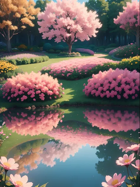 A masterpiece, the best quality, stunning reflections, the best reflections ever. (very detailed CG unity 8k wallpapers), (best quality), (best illustrations), (best shadows), 
This image shows a beautiful garden of pink flowers. The foreground is filled w...