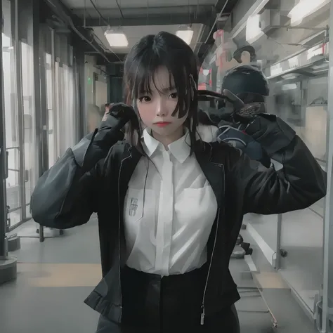 Young Japan woman lifting black suit onto shirt, Black leather gloves worn on both hands, Hands of woman in black suit and black leather gloves in front of you