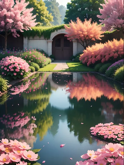 A masterpiece, the best quality, stunning reflections, the best reflections ever. (very detailed CG unity 8k wallpapers), (best quality), (best illustrations), (best shadows), 
This image shows a beautiful garden of pink flowers. The foreground is filled w...