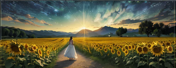 (best quality,4k,8k,highres,masterpiece:1.2),ultra-detailed,(realistic,photorealistic,photo-realistic:1.37),a girl in a white dress in a distant field of sunflowers, van gogh style,painting,beautiful detailed eyes,beautiful detailed lips,extremely detailed...