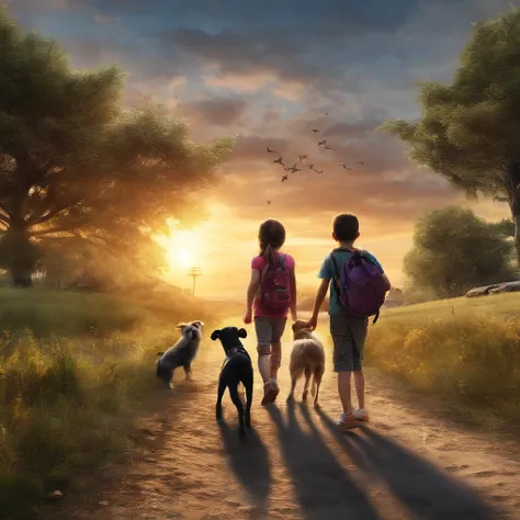 The landscape, the sunset, Children and dogs playing