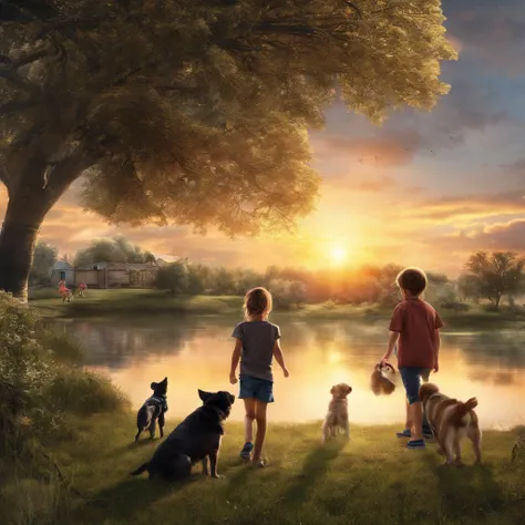 The landscape, the sunset, Children and dogs playing