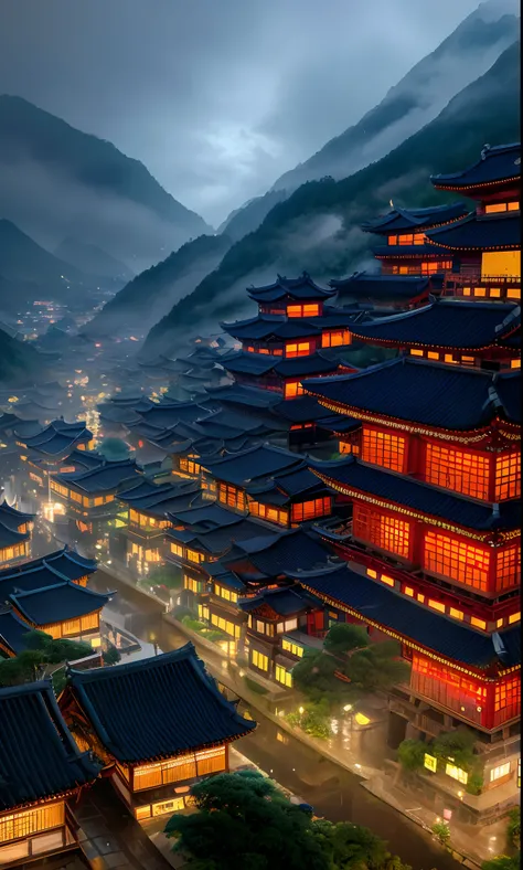 arafed view of a village with a lot of lights on the buildings, dreamy chinese town, chinese village, amazing wallpaper, japanese town, japanese village, hyper realistic photo of a town, old asian village, japanese city, by Raymond Han, rainy evening, cybe...