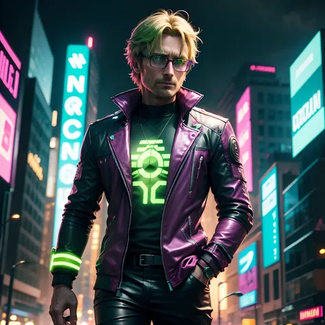 Cyberpunk neon green man wearing glasses on pink cityscape background Mads Mikkelsen All Back Rain Handsome