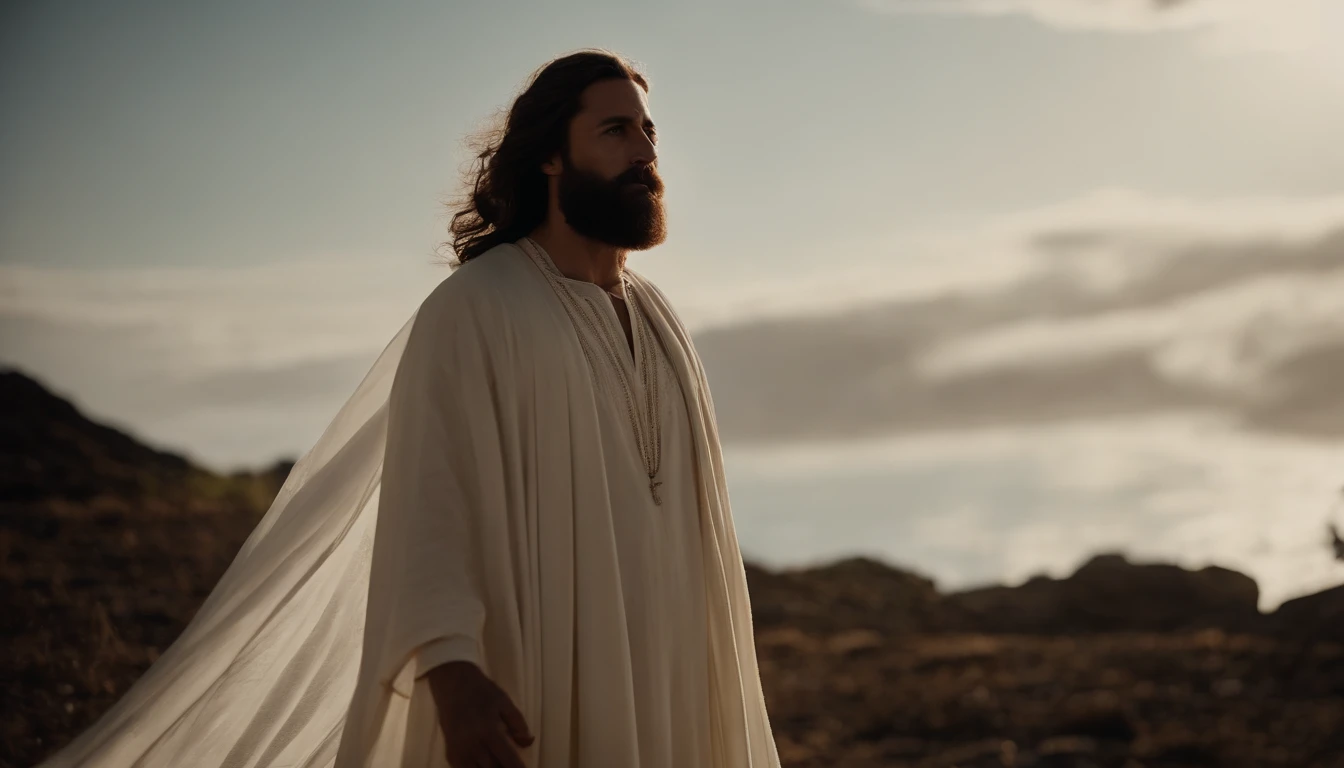 Um senhor de barba branca e cabelos brancos vestido de um manto branco e velho com sinais da idade de uns 70 anos, this image takes place in the time of Christ looking up to heaven