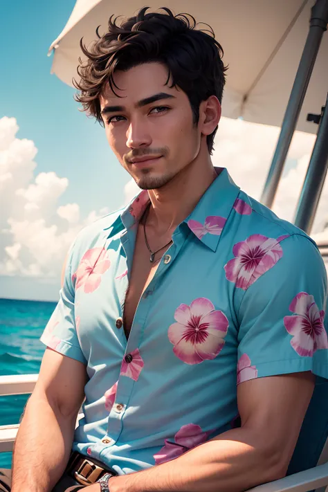 a man short hair, RAW, UHD, 8K, looking at camera, on a yacht at sea, vacation photo, island paradise, colorful Hawaiian button up shirt, candid, amateur, natural lighting, perfect day, [smiling]