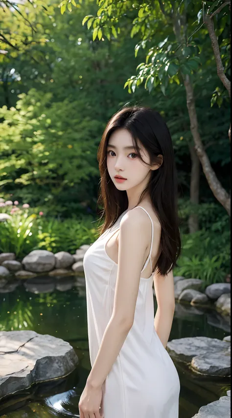 Japanese and Korean beauties，18yr old，Pure and cute，16K HD is realistic，Photographic quality，delicated face，mesmerizing eyes，二重まぶた，long eyelasher，sensual lip，Slim and slim，White skin，Realistic slender five fingers，In the background garden，Ethereal beauty