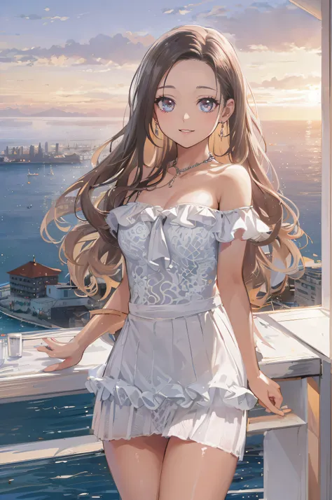 ((A beautiful and cute woman is standing on the terrace)), ((20-year-old beauty)), ((charming smile)), ((shiny long hair)), ((miniskirt)), (( Rich bust)), ((gradient eyes)), ((background is city with sea view)), attractive makeup, single view, NFFSW, UHD, ...