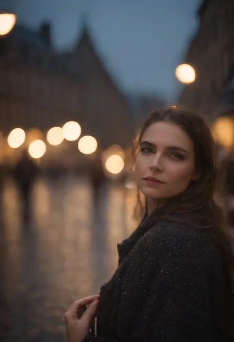 Fille par une nuit pluvieuse，Lentille avant，Street background （closeup shot：1.6），beste-Qualit，f / 1 photographie HD T bokeh，Depth of field Macro The atmosphere is sad