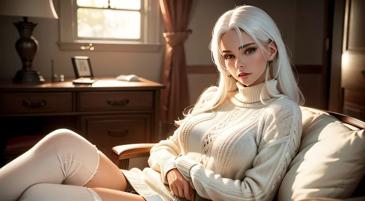 (a sexy lady with a white hair, wears a sweater), (in the bedroom, sitting on the chair)