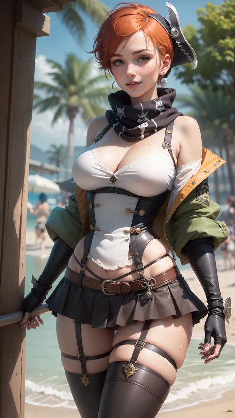 gwen tennyson,nami,tracer,yorha 2b, rebecca chambers,atelier ryza,pirate outfit,beach,teenager,green eyes,thigh high boots,garter belt,shy smile,striped panties,short hair,orange hair,pirate ship,white striped top,tight gothic mini skirt,wet body,freckles,...