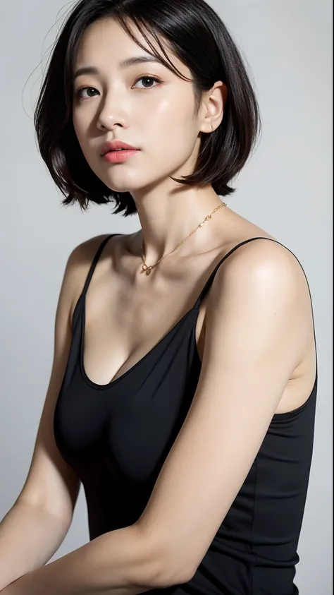 （best qualtiy，8K，32K，tmasterpiece，nffsw：1.2），Beautiful Japan woman in the photo，Small cleavage，Very short bob hair，Located in the upper body，sface focus，Black camisole、a necklace，simple backgound，from below，looking at viewert，