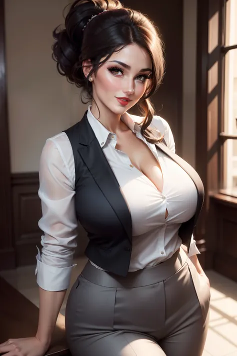 Lucy Pinder, portrait, face portrait, red lips, smiling, voluptuous, hair tied in a chignon, black hair, short hair, white blouse, gray formal vest, gray formal pants.