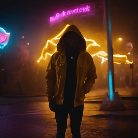 Detailed background, Masterpiece, Best quality, Smile, decorations, Hoodie, Portrait, Yellow neon signs, scribbles, Dark, Night, Glowing eyes, rays of black light