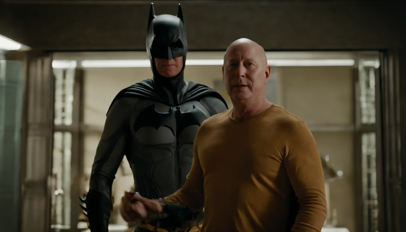 James Spader face, 63-year-old,2022, Oldman, bald, without hair, smiling face, muscle, wear a batman costume Take off your mask, Full-body image.