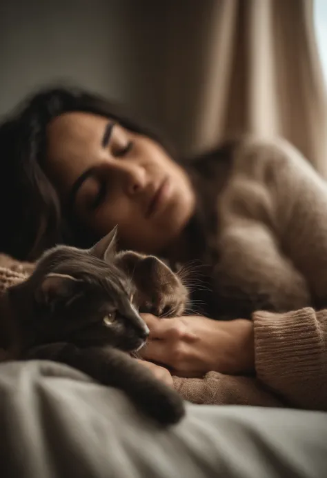 Woman dressed in comfortable clothes on her bed with her cat touching her nose, estilo anos 80, tiro de meio corpo, foto de alta qualidade.