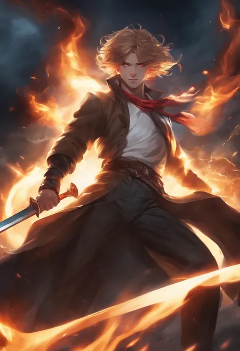 1boy, wearing white jacket, wearing scarf, glowing red eyes, masterpiece, serious, blue fire, aura, burned clothes, fighting, mad, frown, blood, scar, blue fiery hair, blue fire breath, exploding, bleed, gore, scars on eyes, light aura, golden aura, rainbo...