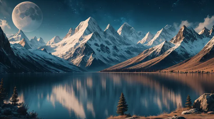 mountains and a lake with a moon in the sky, highly detailed 4k digital art, 4K HD wallpapers are very detailed, impressive fantasy landscape, Sci-fi fantasy wallpapers, unreal engine 4k wallpaper, 4k detailed digital art, Sci-fi fantasy wallpapers, Epic f...