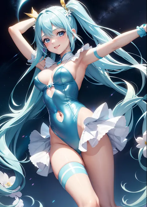 Super Idol　a beauty girl　A charming smile　sky blue hair　length hair　Twin-tailed　Bright sexy leotard outfit in glowing bright cream color　Fantasia　constellation　a moon　Crystal Brilliance　Aurora Borealis in the Night Sky