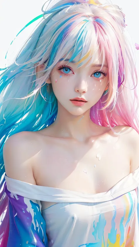 （Pink Fashion T-shirt：1.9），(Colorful hair: 1.8), (all the colours of the rainbow: 1.8),(((((vertical painting：1.6))), （painting：1.6），front, comics, illustrations, paintings, large eyes, crystal clear eyes,（ rainbow color gradient high ponytail：1.7）, exquis...