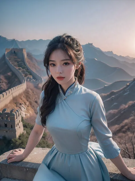 1 girl, On the Great Wall of China,full bodyesbian, Elaborate Eyes,beautiful detailed lips,Extremely detailed eyes and face,Long eyelashes, enchanting landscape,(Best quality,4K,8K,A high resolution,Masterpiece:1.2),Ultra-detailed,(Realistic,Photorealistic...