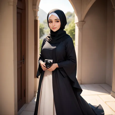 "A 28-year-old Muslim girl, wearing a full hijab, stands confidently with a serene smile, ready to capture her in a beautiful setting in ultra HD quality."