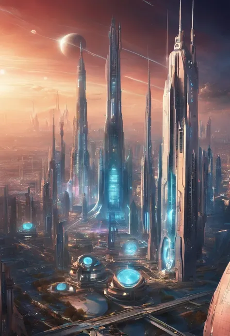 The metropolis of the future, Kilometers of spires rush upwards;.