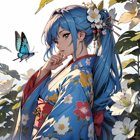 ((​masterpiece)),((top-quality))、Original Characters、Blue hair 、Kimono、Floral hair ornament、Put your finger to your mouth、Long hair、is fluttering in the wind