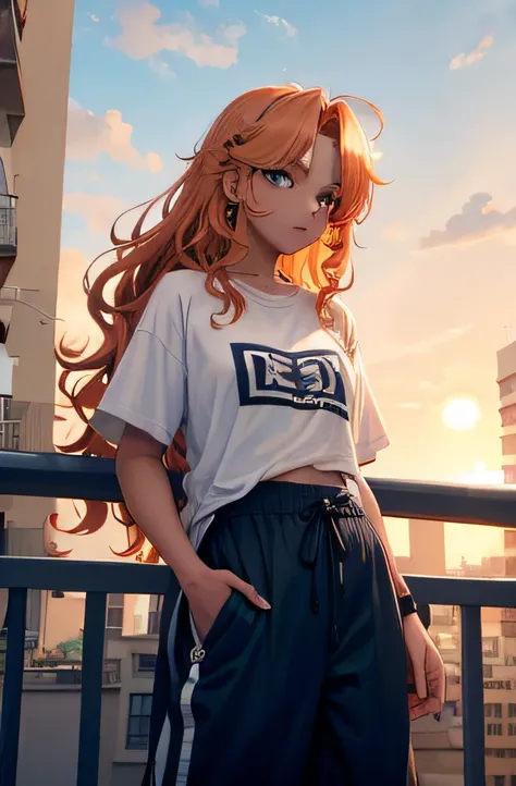 1 girl red blonde wavy hair till waist 170cm height with brown skin tone 2 ear piercing wearing white baggy t-shirt and black jogger pant she has royal blue eye color standing near her balcony facing viewers behind her sun is about to set she has a bit mas...