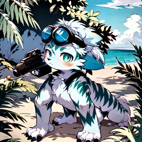 fluffy light blue wolf，armed with a water gun，furry，wear blue diving goggles on your head，there are dark blue tiger stripes on t...