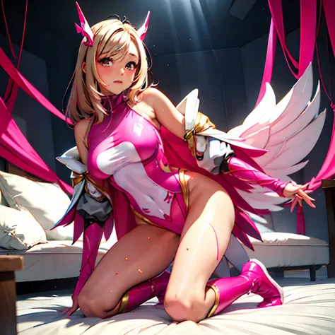 Transformation heroine of justice　Fluorescent pink leotard　Fluorescent Pink Long Boots　Fluorescent pink gloves that wrap up to your fingertips　Fluorescent pink cloak　Neat and clean image　Gold decoration　justice　poneyTail　a blond　Sleeveless　And an excited l...