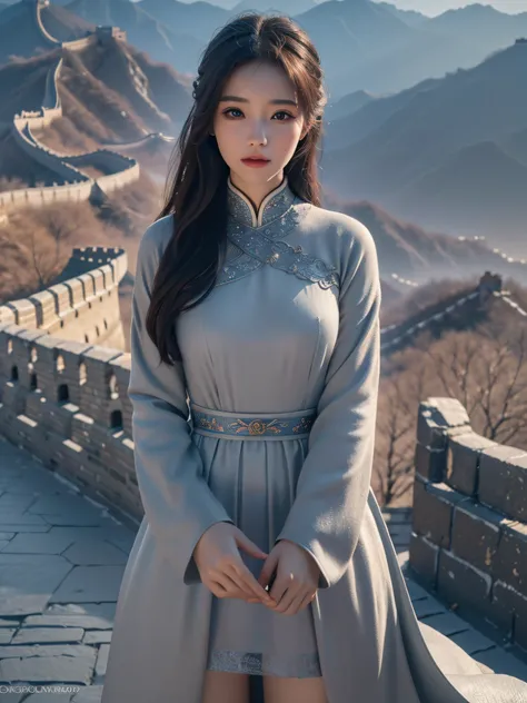 1 girl, On the Great Wall of China,full bodyesbian, Elaborate Eyes,beautiful detailed lips,Extremely detailed eyes and face,Long eyelashes, enchanting landscape,(Best quality,4K,8K,A high resolution,Masterpiece:1.2),Ultra-detailed,(Realistic,Photorealistic...