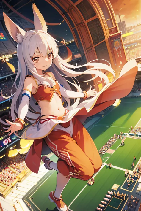 (masutepiece, of the highest quality, superfine illustration, Realistic, Detailed background: 1.4)、Stadium、Nanachi and Riko dancing happily、Cheergirl costumes、Pants are visible、A smile、high-angle