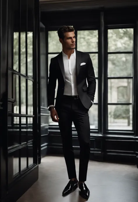 Man in white shirt and black pants standing in a room, tailored clothing, Grey trousers and black dress shoes, Attrait masculin haute couture, tenue vestimentaire, Thin man with black skin, chauve, Pretty male, Proportions masculines, Beautiful and elegant...