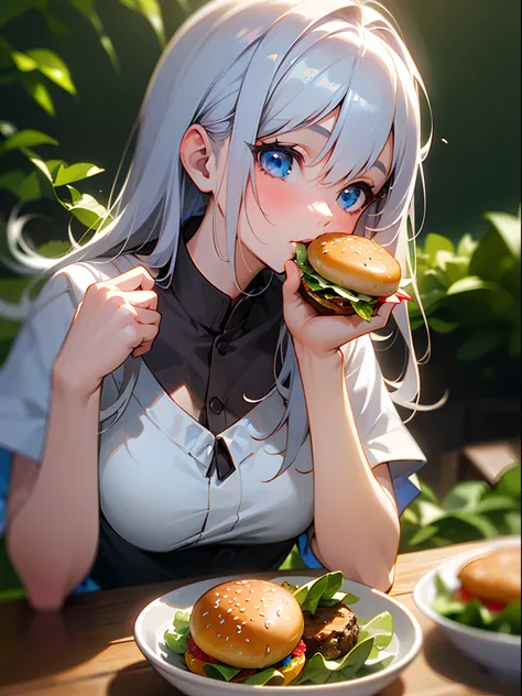 (Best Quality,hight resolution,Ultra-detailed),A girl is eating a hamburger, Silver hair, Blue eyes, Hamburger, cup, lettuce, fruits, tomatoes, onion, bowl, Bokeh background, food, closeup at the food, still-life, Blurred, depth of fields, Verdure, cheese