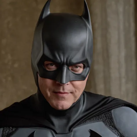 James Spader face, 63-year-old,2022, Oldman, bald, without hair, smiling face, muscle, wear a batman costume Take off your mask, (Full-body image.)