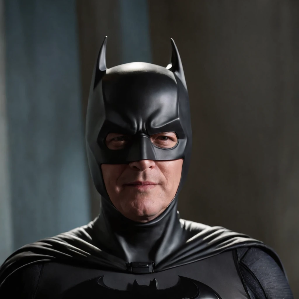 James Spader face, 63-year-old,2022, Oldman, bald, without hair, smiling face, muscle, wear a batman costume Take off your mask, (Full-body image.)