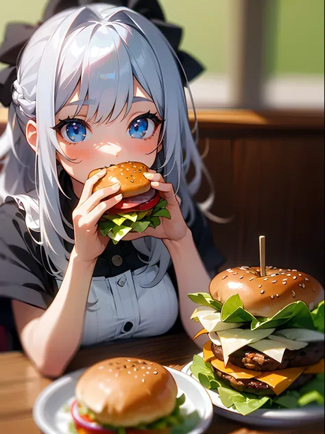 (Best Quality,hight resolution,Ultra-detailed),A girl is eating a hamburger, Silver hair, Blue eyes, Hamburger, cup, lettuce, fruits, tomatoes, onion, bowl, Bokeh background, food, closeup at the food, still-life, Blurred, depth of fields, Verdure, cheese