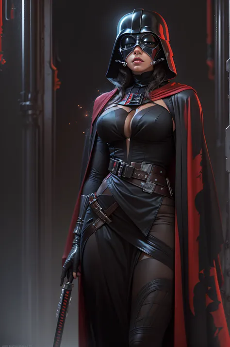 (best quality,4k,8k,highres,masterpiece:1.2),ultra-detailed,(realistic,photorealistic,photo-realistic:1.37),portrait,sci-fi,concept artists,Darth Vader, seductive,femme fatale,high fashion,black dress,red lipstick,fierce expression,flowing cape,dark backgr...