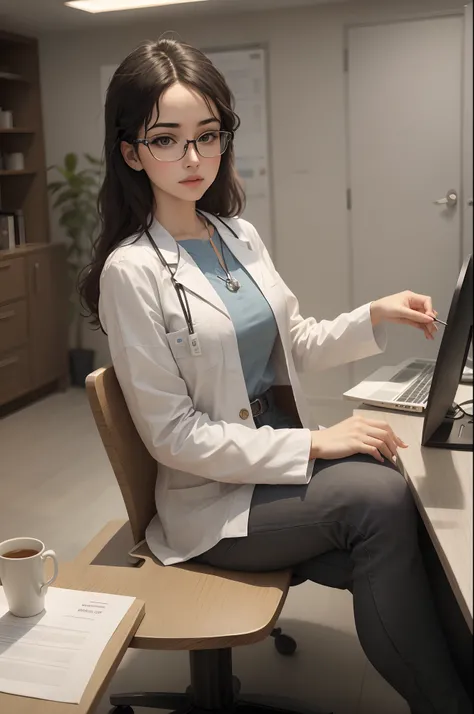 a doctor, Sitting at the table, of a beautiful office, ao fundo, uma placa na cor branca, she with glasses,  olhos castanhos, Your clothing is suitable for medical use