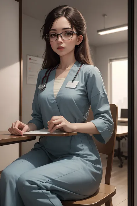 a doctor, Sitting at the table, of a beautiful office, ao fundo, uma placa na cor branca, she with glasses,  olhos castanhos, Your clothing is suitable for medical use