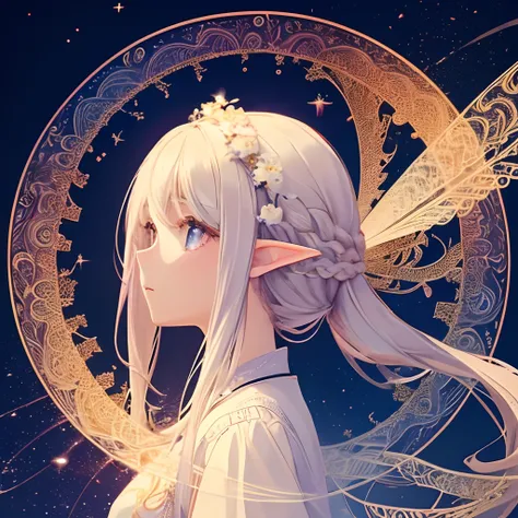 1 beautiful girl、(​masterpiece、top-quality、top-quality、Beautifully Aesthetic:1.2)、(1girl in:1.3)、(Fractal Art:1.3)、Clothing of the near future、Round Detail Frame、Fluttering hair、Background of the near future、Sparkling eyes、elvish、Dynamic、profile